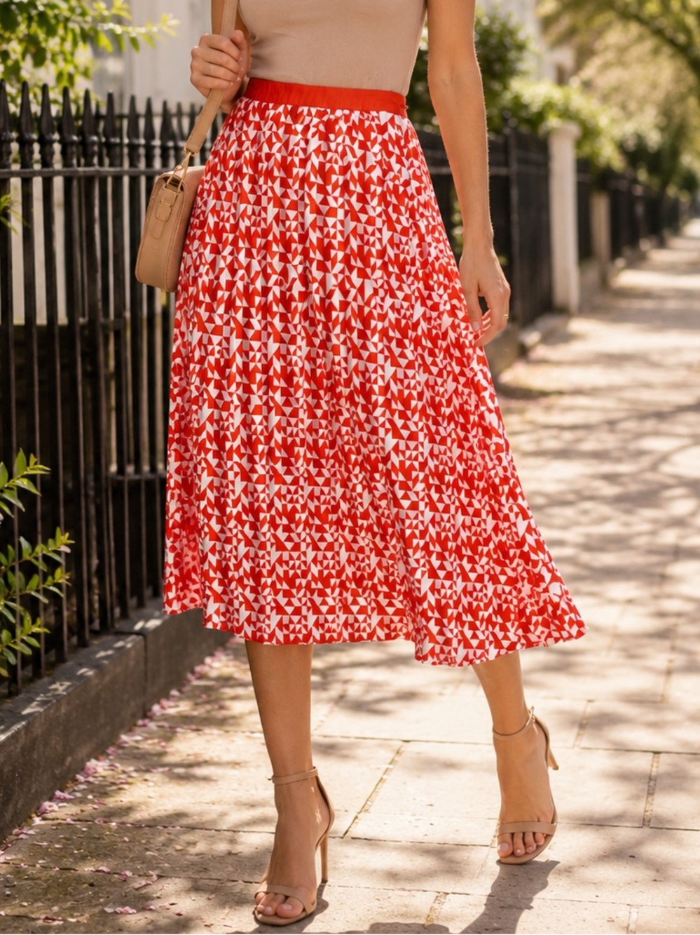 🔹 Future Collective Orange & White Geometric Printed Pleated Midi Skirt - Size 0